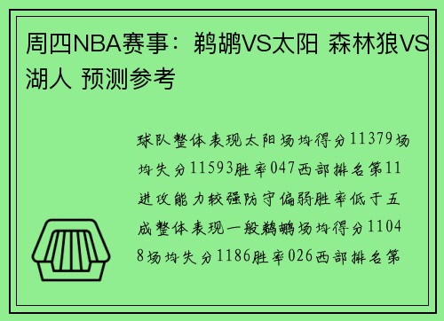 周四NBA赛事：鹈鹕VS太阳 森林狼VS湖人 预测参考