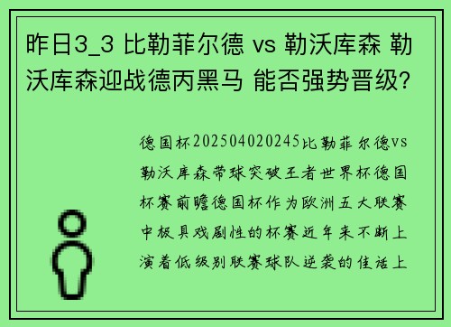 昨日3_3 比勒菲尔德 vs 勒沃库森 勒沃库森迎战德丙黑马 能否强势晋级？